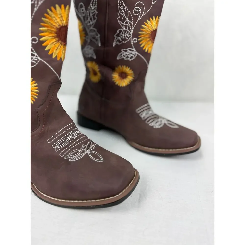 Women's Brown Sunflower Embroidered Western Cowboy Boots EU 43 / US 11